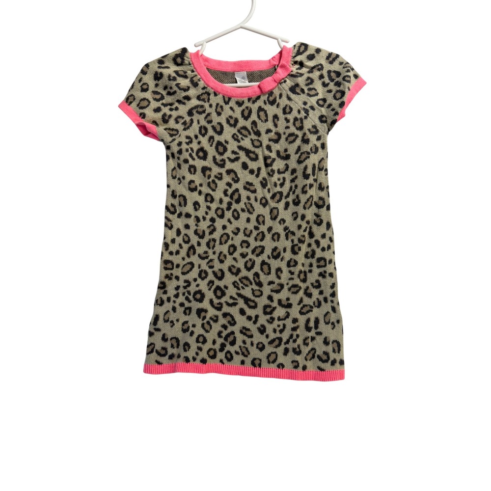 Cherokee Girls 2T Leopard Print Cotton Sweater Dress Neon Pink Trim Bow Detail